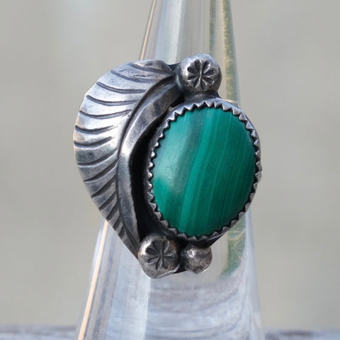 Vintage Sterling Malachite Feather Ring 6