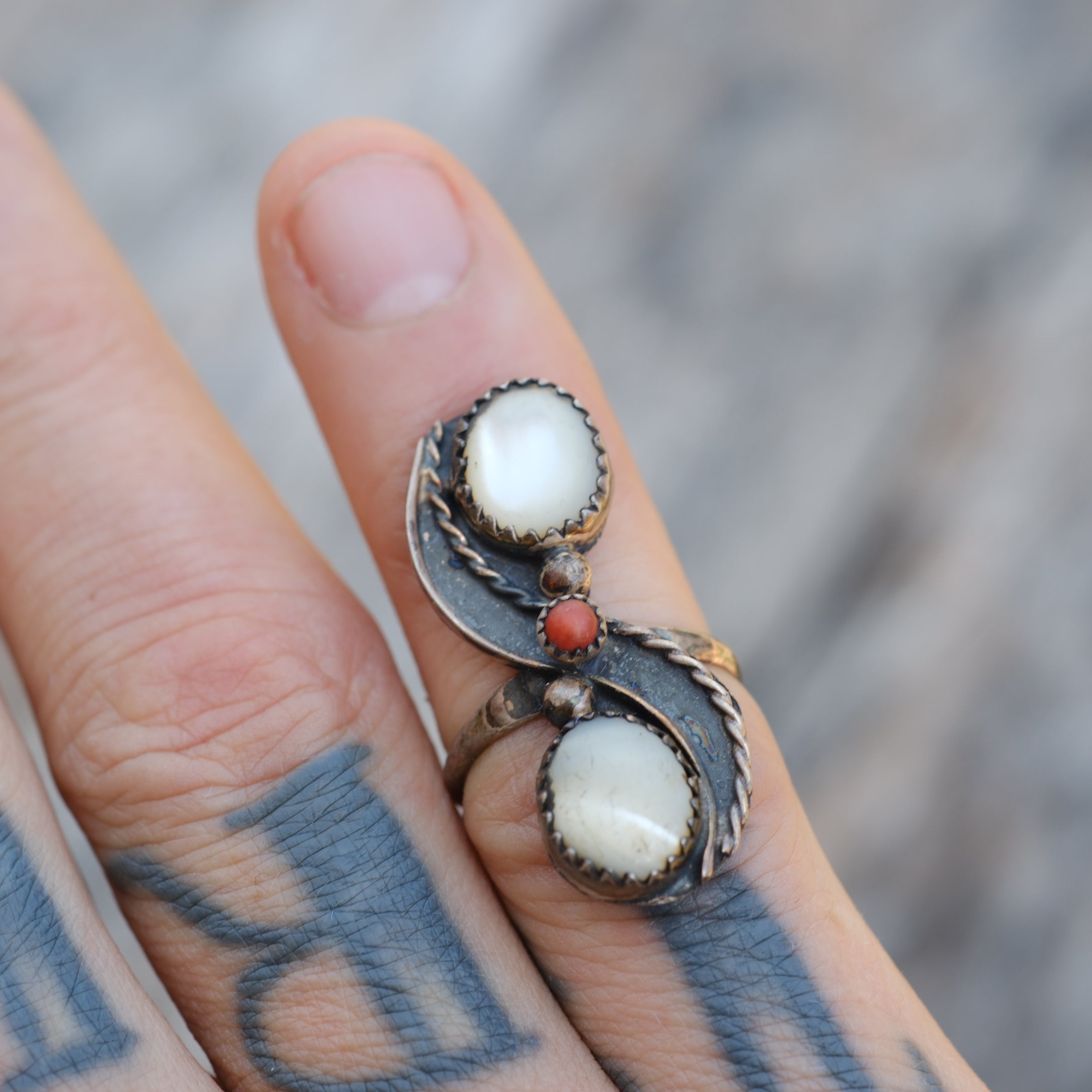 Vintage Sterling Mother Of Pearl and Coral Ring 5.25