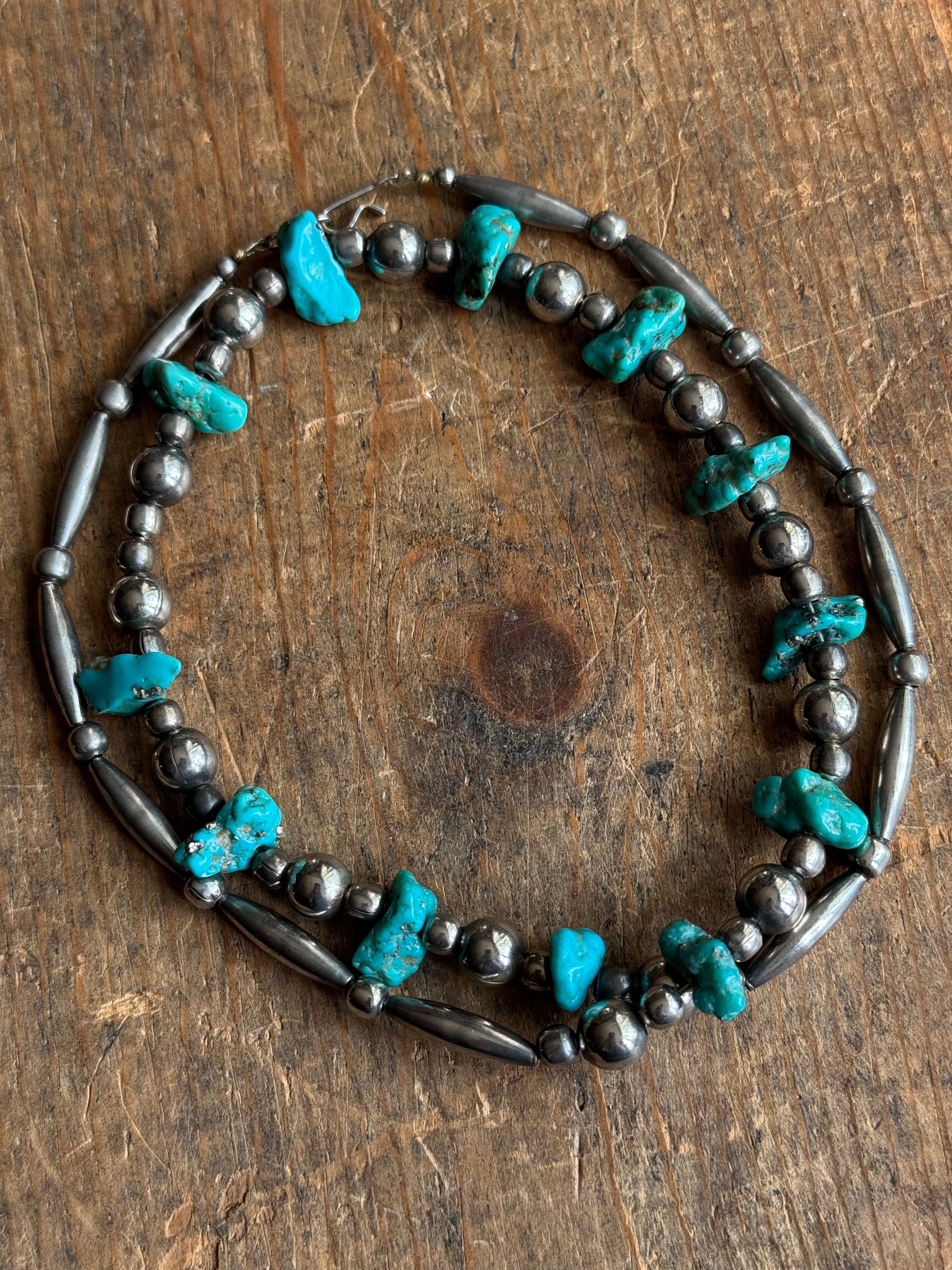 Vintage Raw Turquoise & Sterling Silver Pawn Bead Necklace