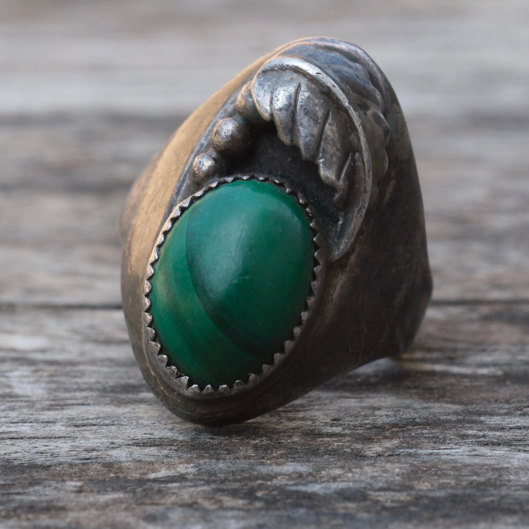 Vintage Sterling Malachite Feather Ring 7.5