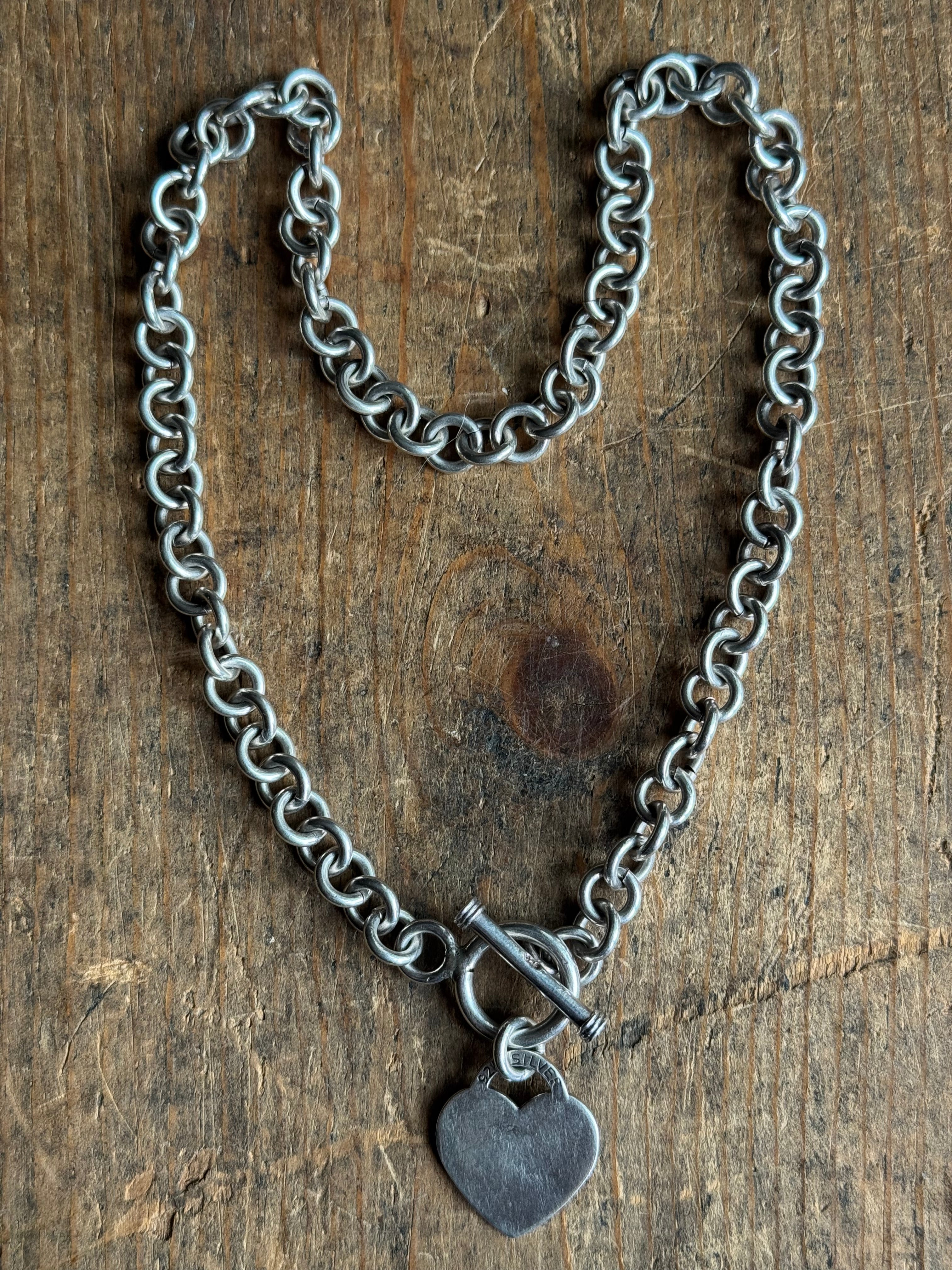 Vintage Sterling Silver 16” Heart ID Toggle Chain Necklace