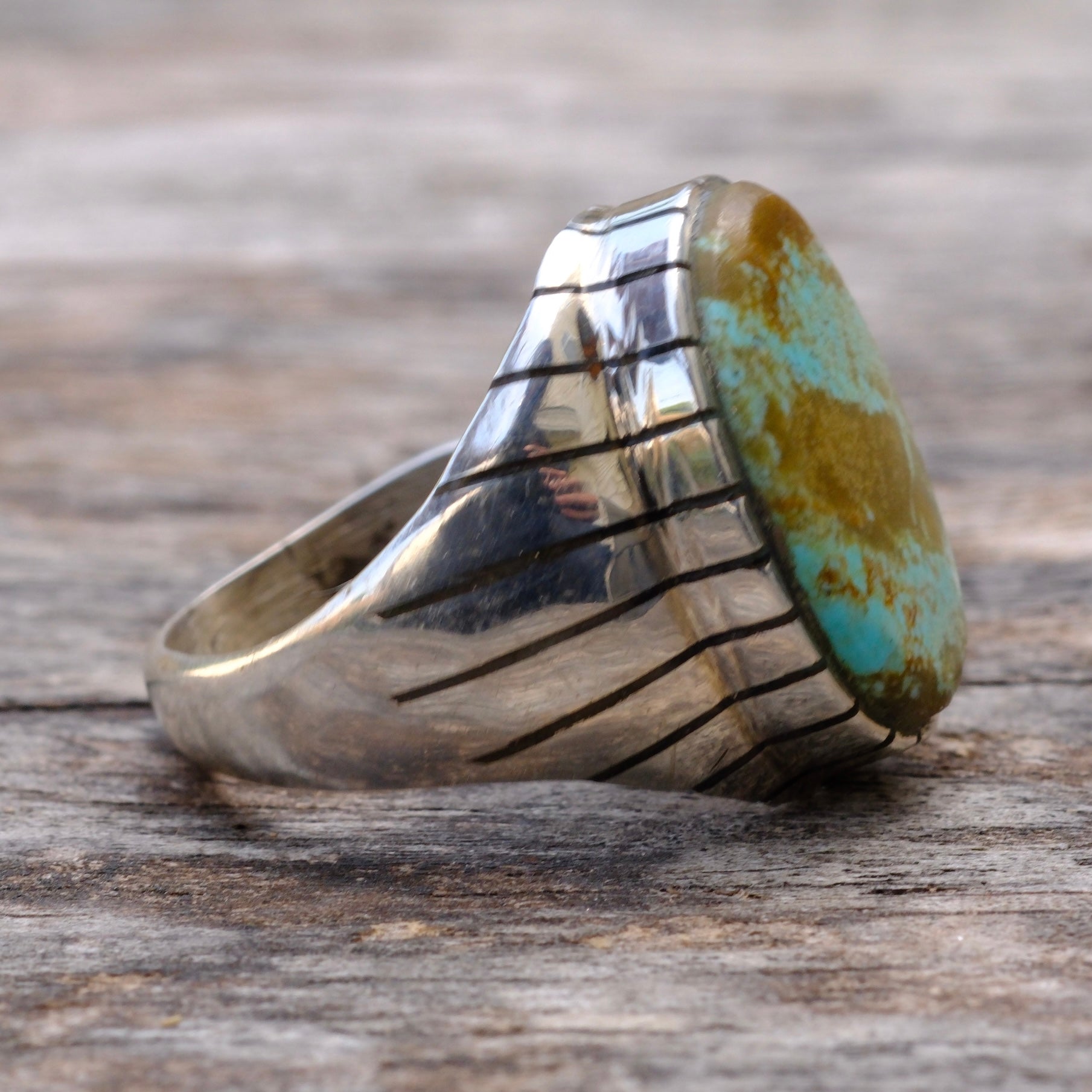 Vintage Sterling Turquoise Ribbed Band Ring 8.75