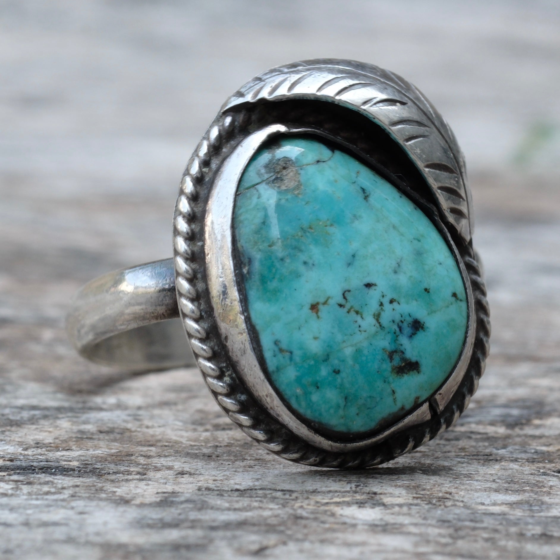 Vintage Sterling Turquoise Feather Ring 9.5