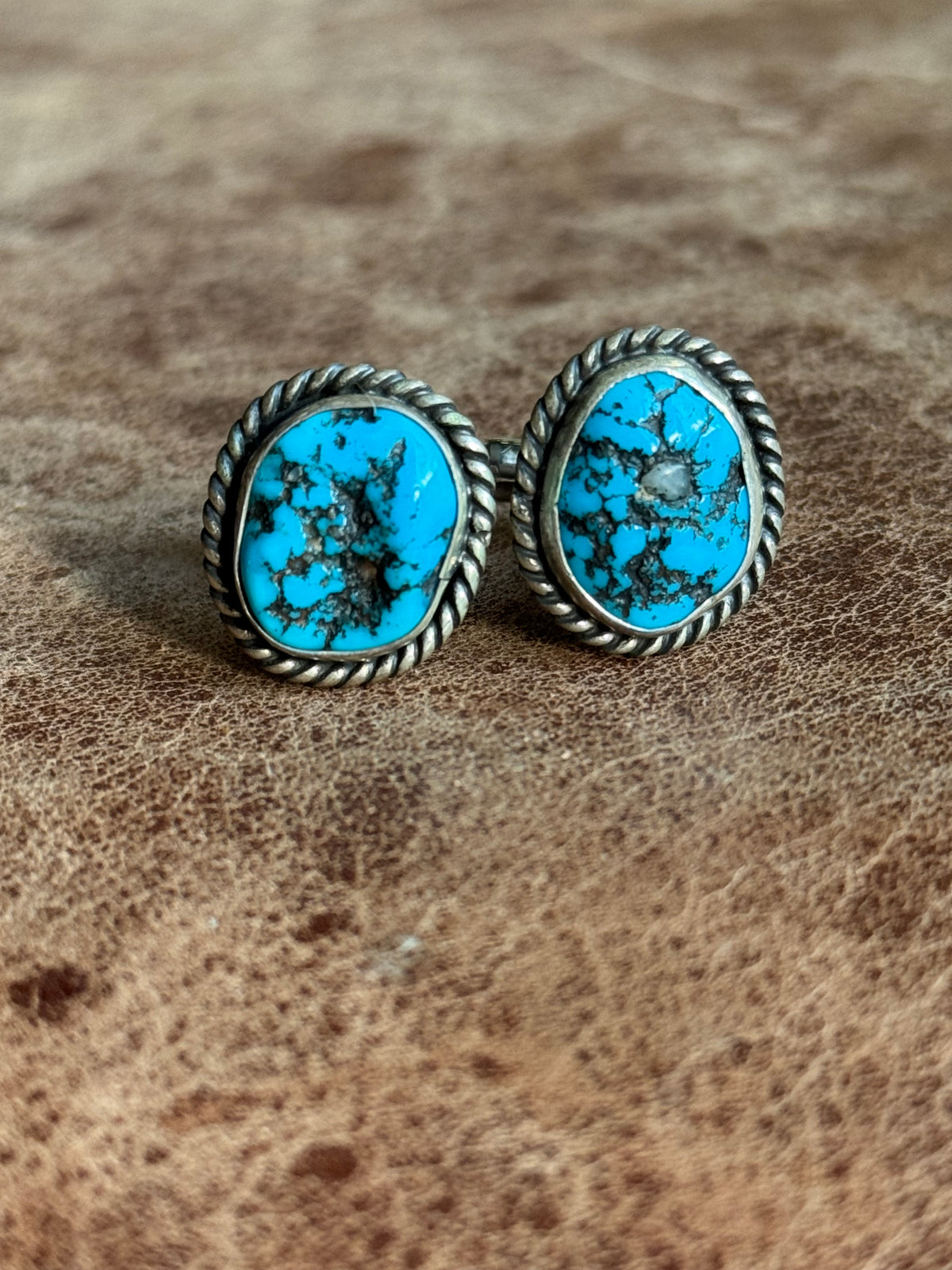 Vintage Sterling Silver Roped Turquoise Cufflinks