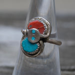 Vintage Sterling Effie Turquoise and Coral Snake Ring 6.75