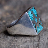 Vintage Sterling Crushed Turquoise Inlay Freemasons Ring 10.75