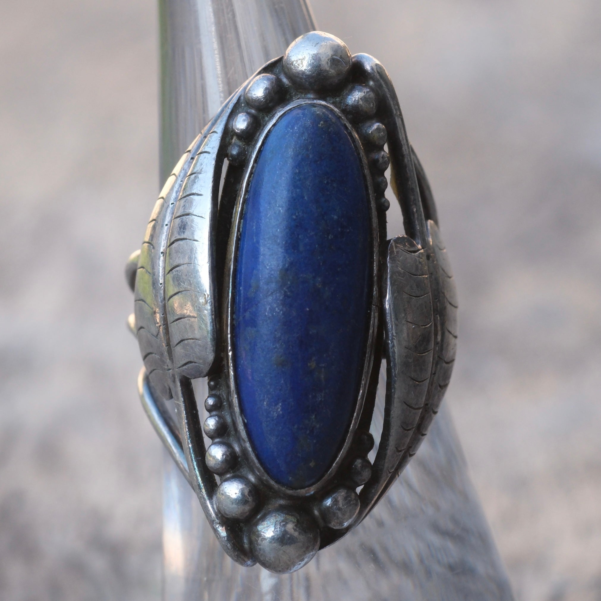 Vintage Sterling Lapis Feather Ring 5.25