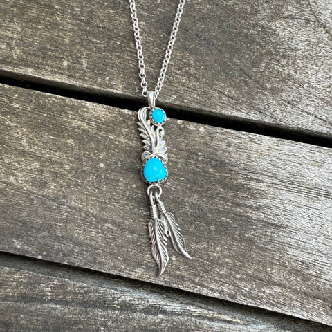 Vintage Sterling 2-Stone Turquoise Feather Necklace