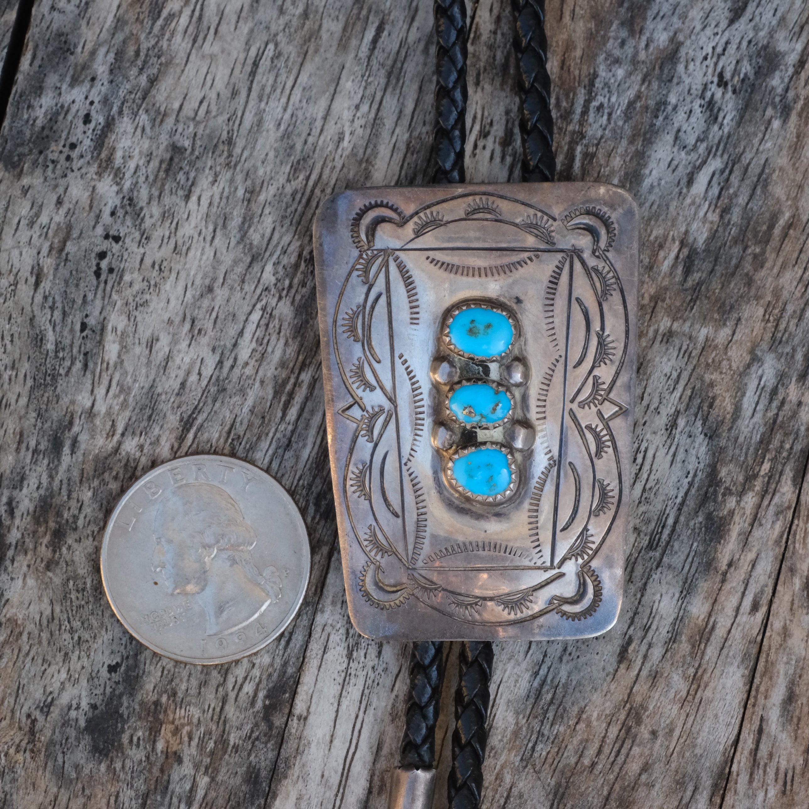 Vintage Sterling 3-Stone Turquoise Bolo Tie