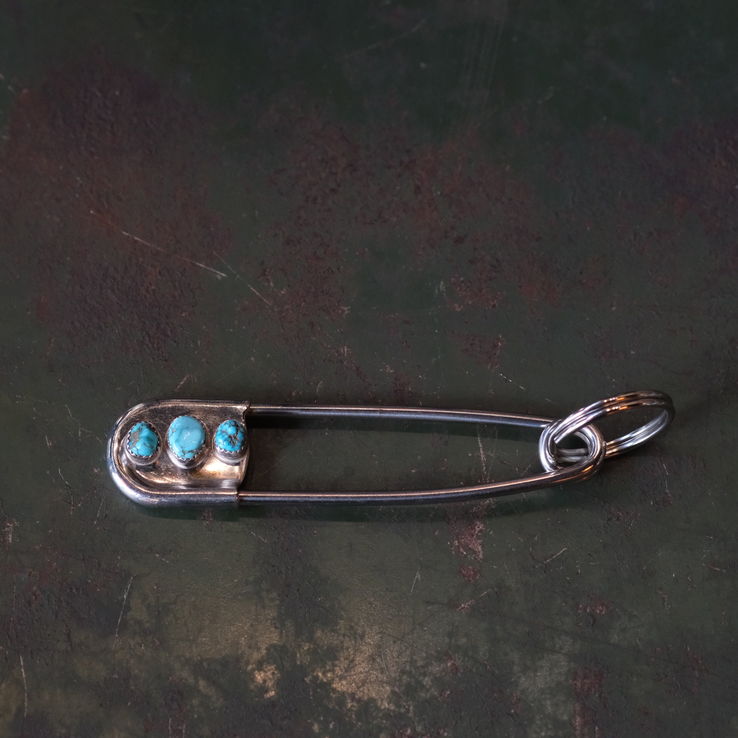 Vintage 3-Stone Turquoise Safety Pin Keychain 4"