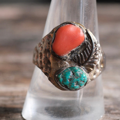 Vintage Sterling Turquoise and Coral Feather Ring 10.5