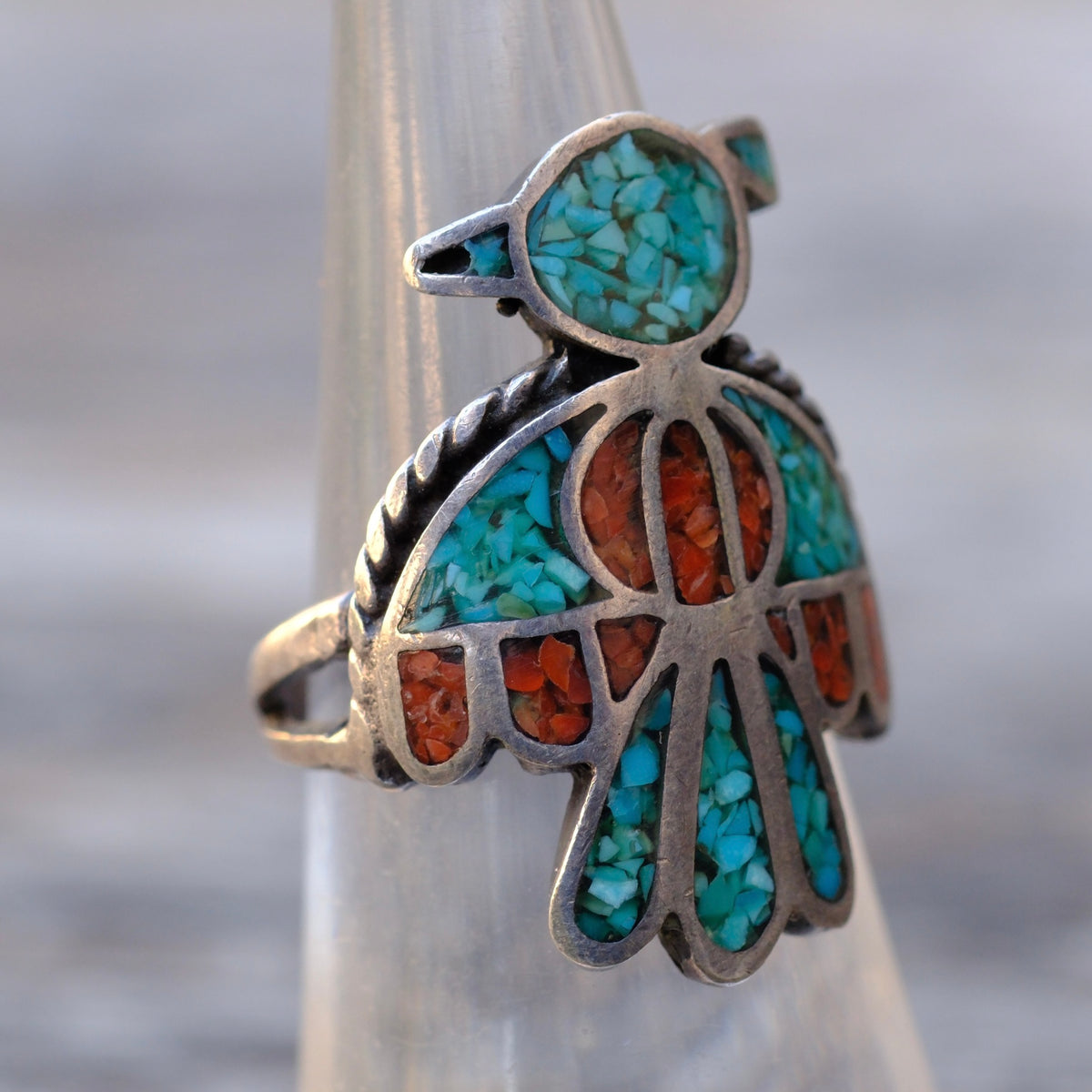 Vintage Sterling Turquoise and Coral Inlay Thunderbird Ring 6.75