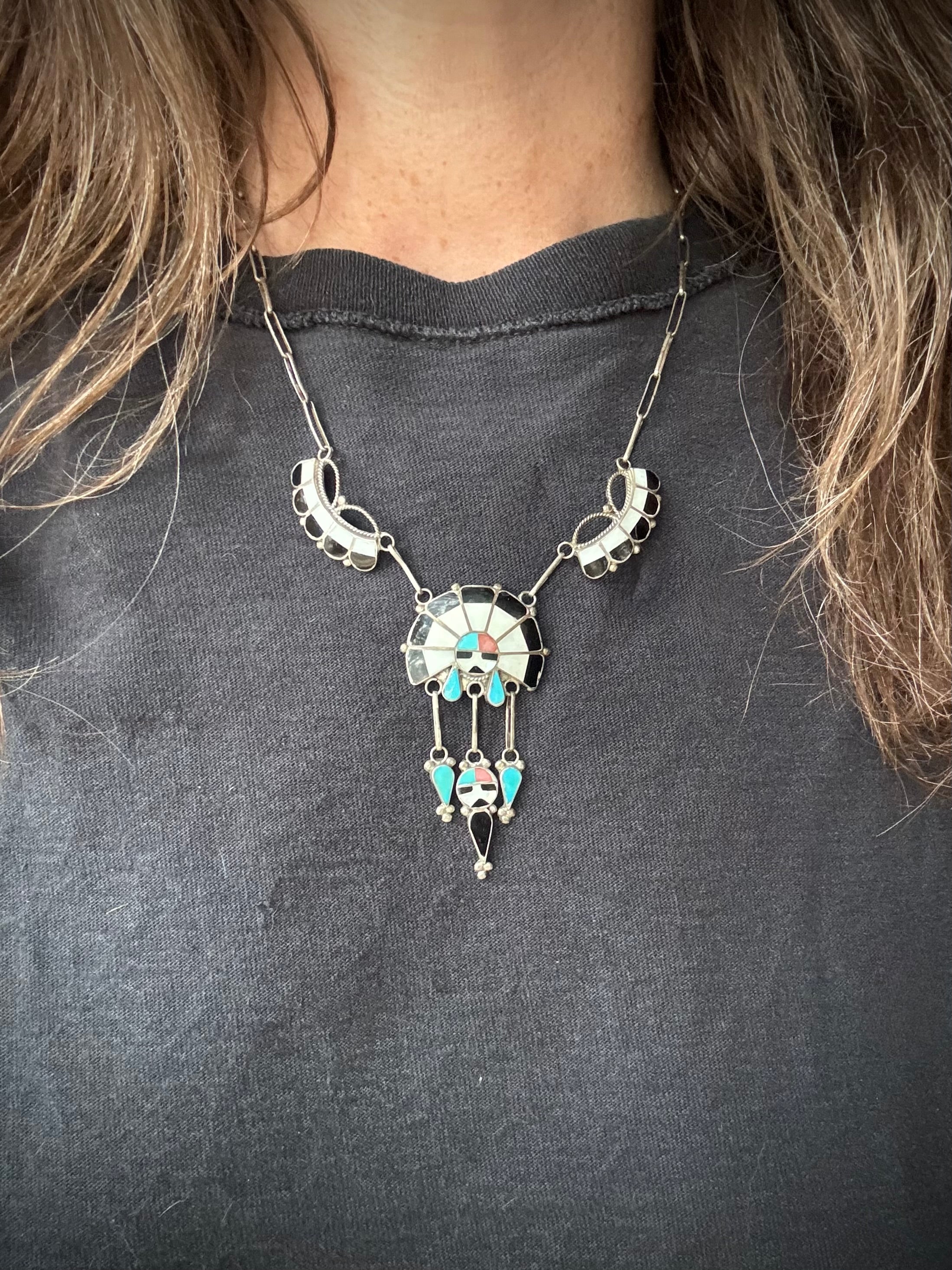 Vintage Sterling Silver Navajo Turquoise Sawcut Feather Necklace