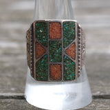 Vintage Sterling Turquoise and Coral Inlay Stamped Band Ring 10.25