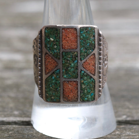 Vintage Sterling Turquoise and Coral Inlay Stamped Band Ring 10.25