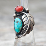 Vintage Sterling Turquoise and Coral Feather Ring 4.5