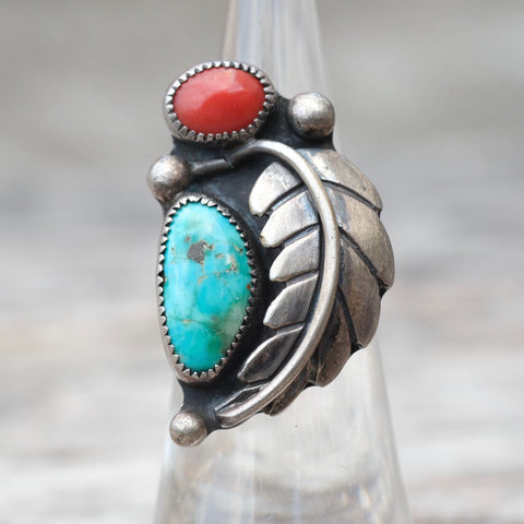 Vintage Sterling Turquoise and Coral Feather Ring 4.5