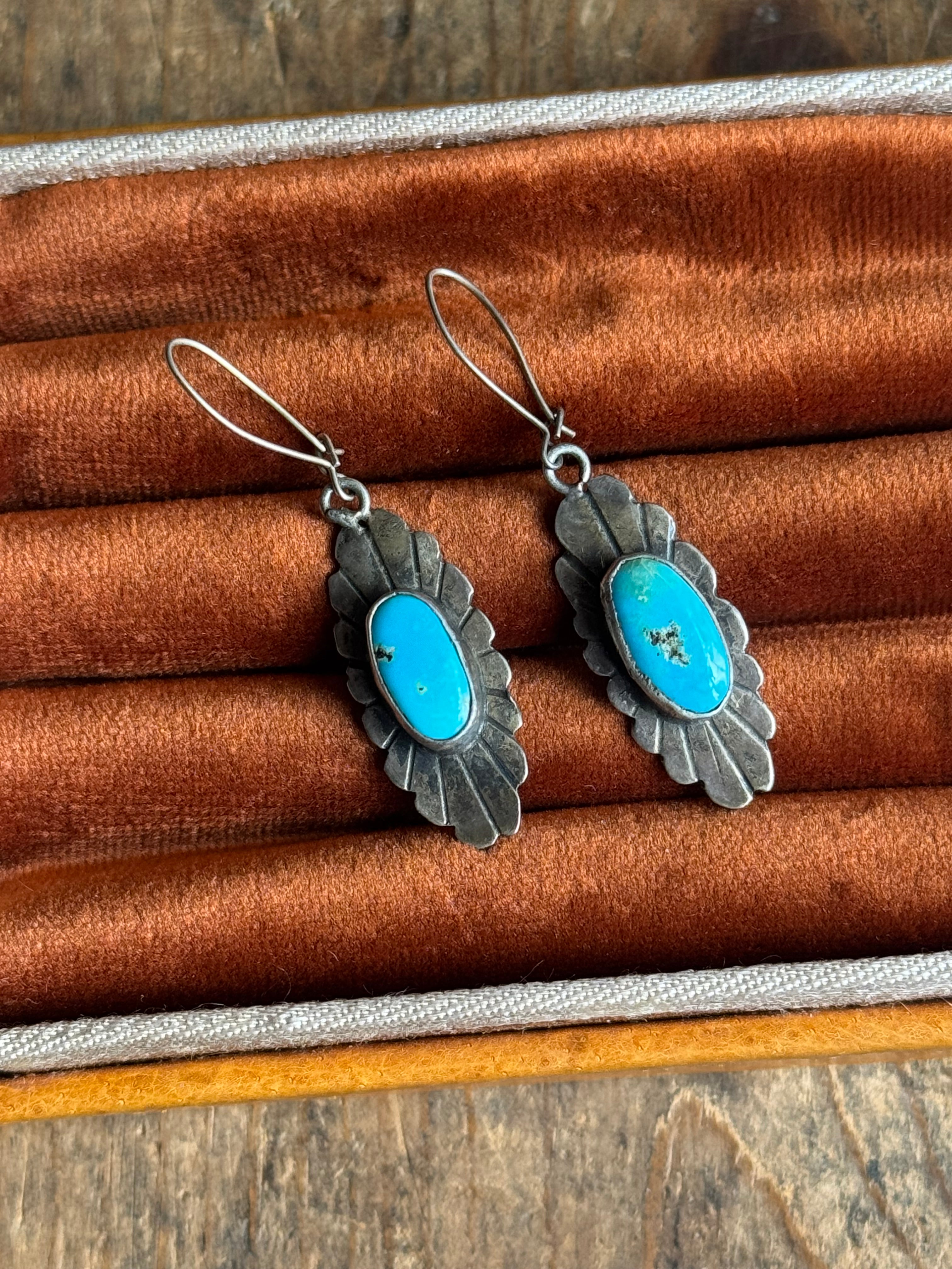 Vintage Sterling Silver Turquoise Fan Earrings