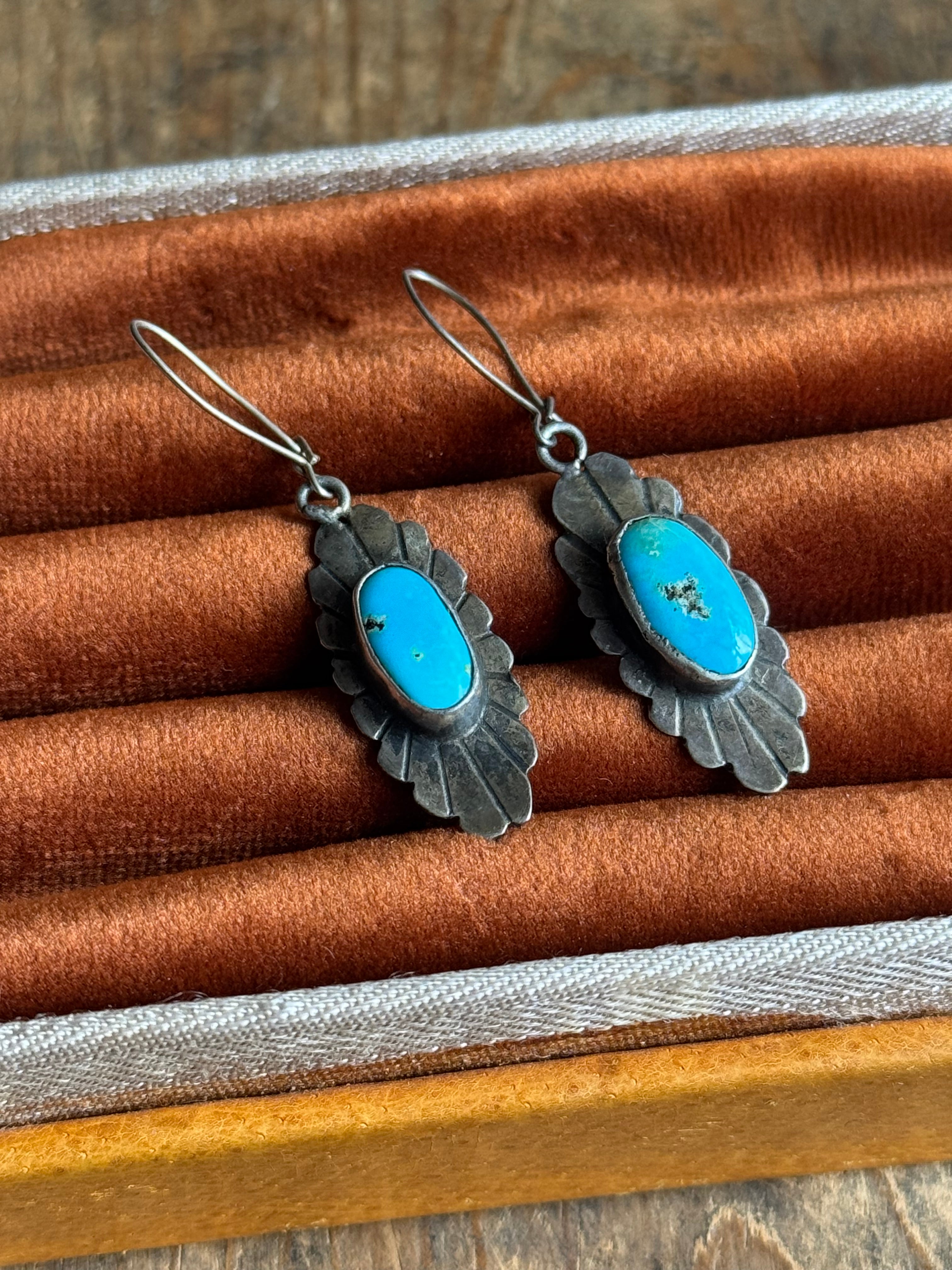 Vintage Sterling Silver Turquoise Fan Earrings