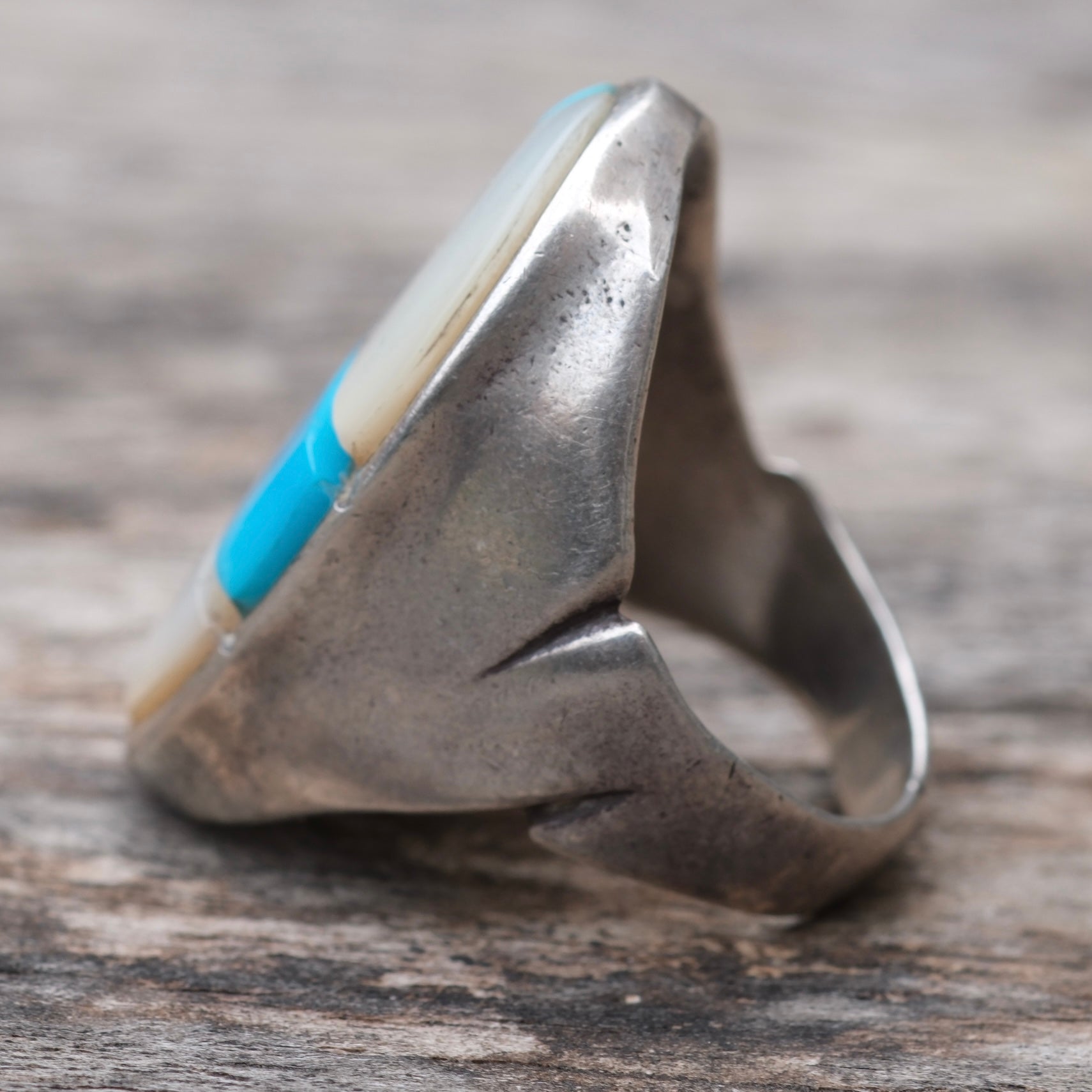 Vintage Sterling Turquoise and Mother Of Pearl Inlay Ring 8.25
