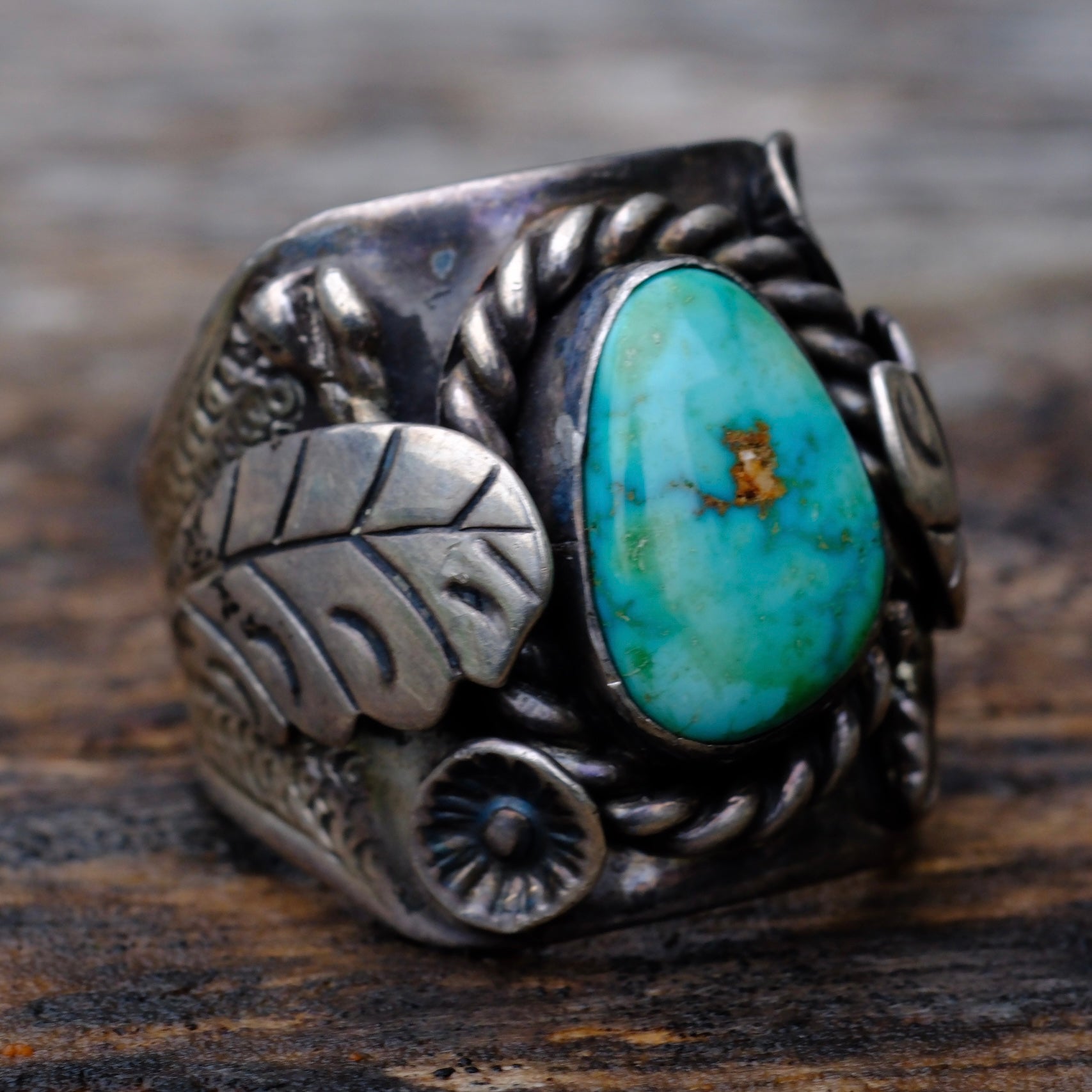 Vintage Sterling Turquoise Feather Ring 11.75