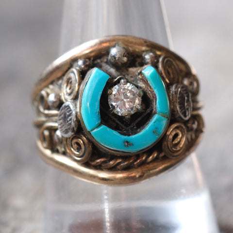 Vintage Sterling Turquoise and CZ Lucky Horseshoe Ring 11