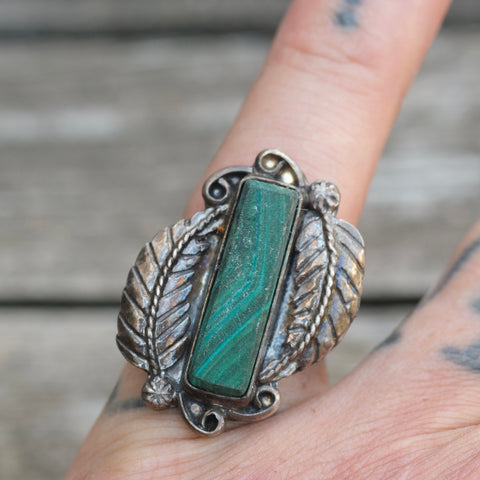 Vintage Sterling Malachite Feather Ring 6.25