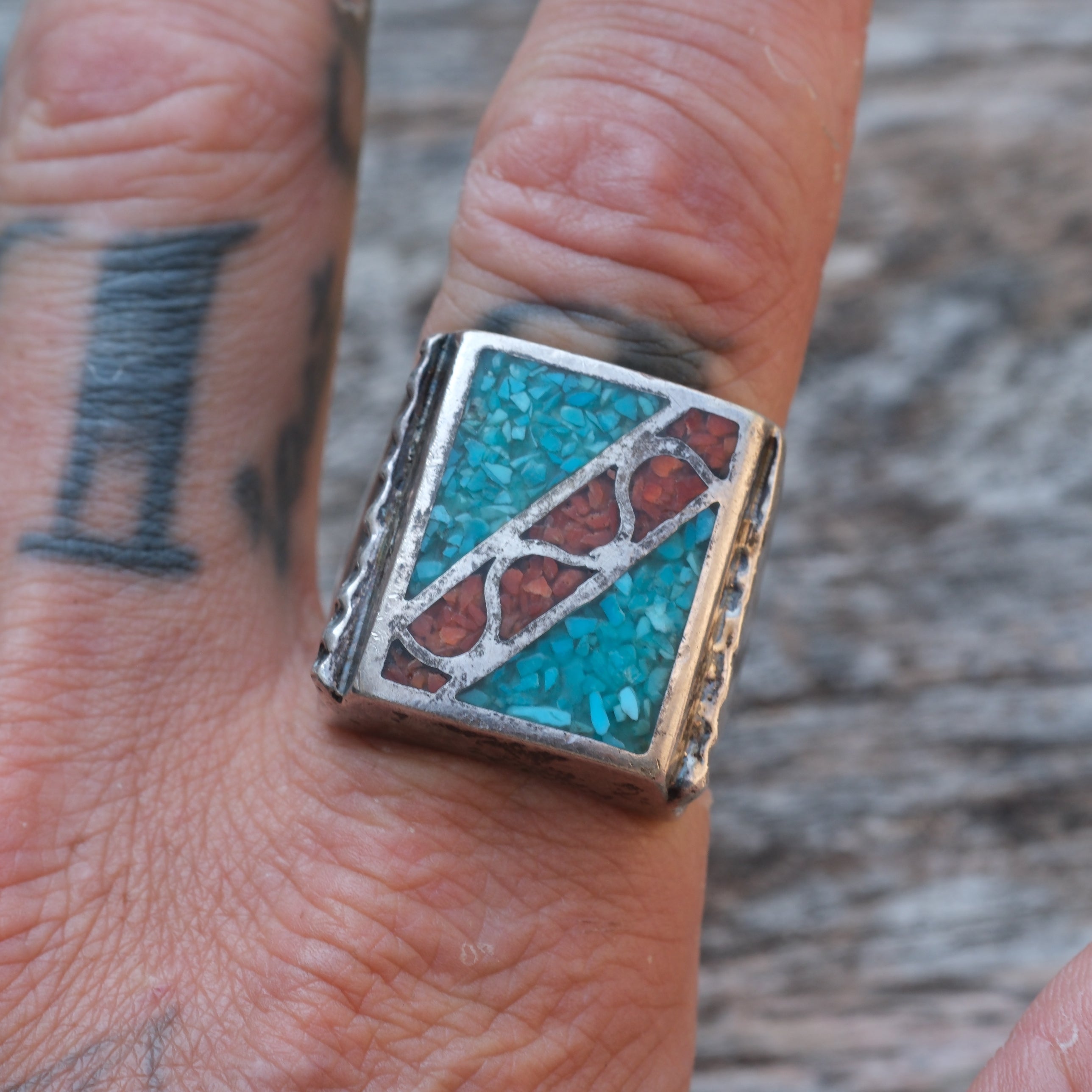 Vintage Sterling Turquoise and Coral Inlay Ring 12