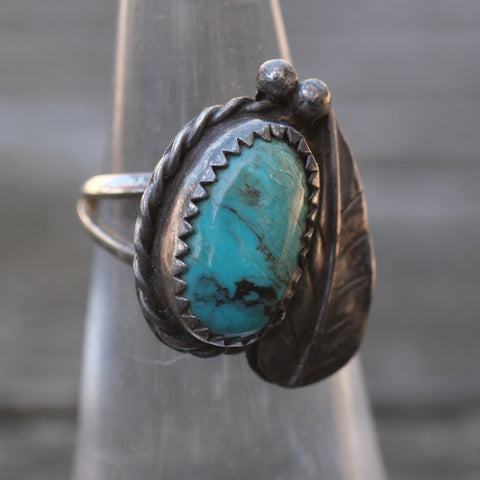 Vintage Sterling Turquoise Feather Ring 5.25
