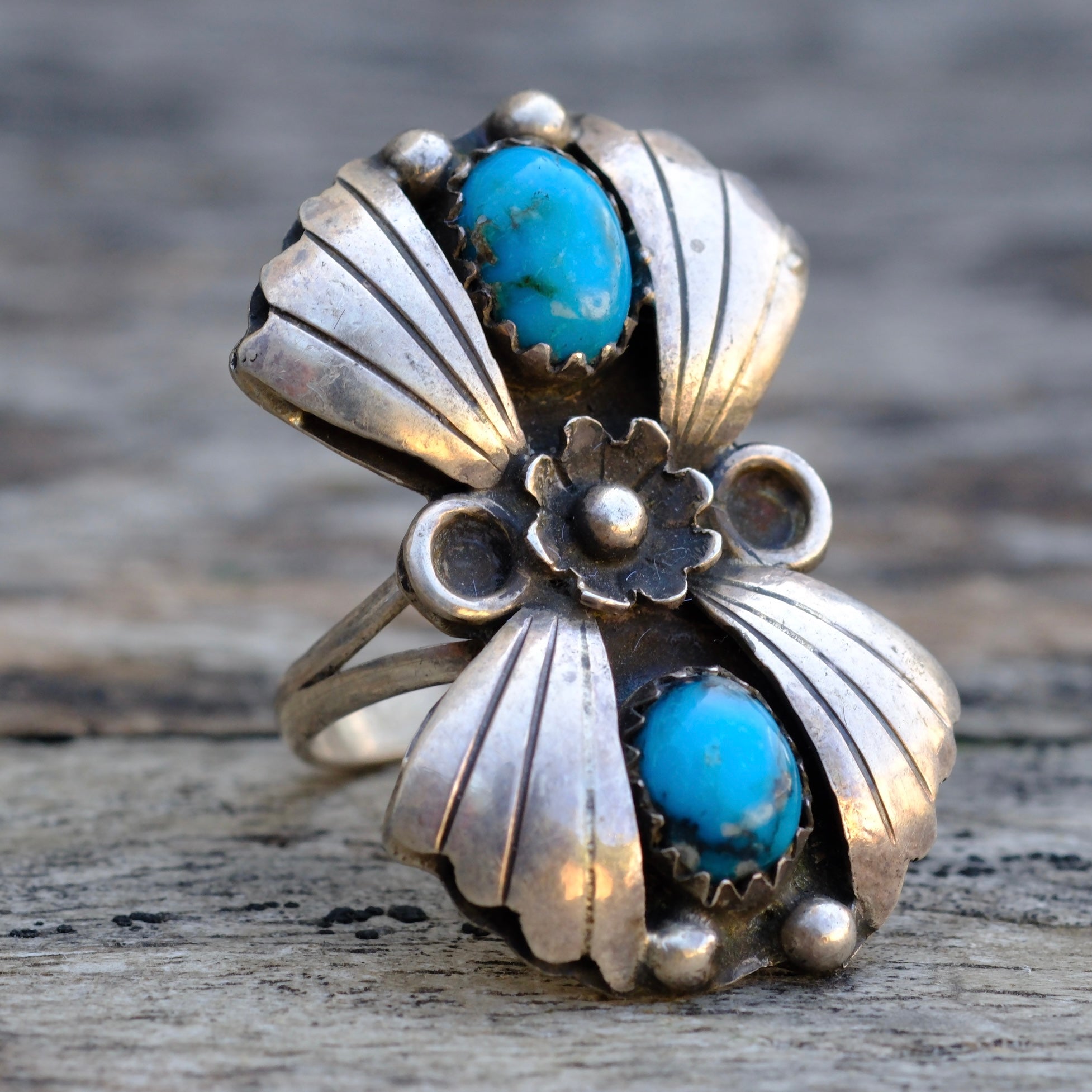 Vintage Sterling 2-Stone Turquoise Ring 5.25