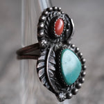 Vintage Sterling Turquoise and Coral Feather Ring 6.75