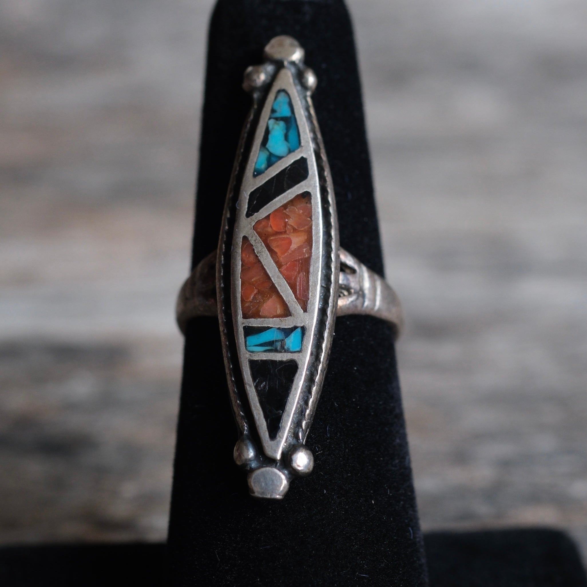 Vintage Sterling Turquoise and Coral and Onyx Ring 6