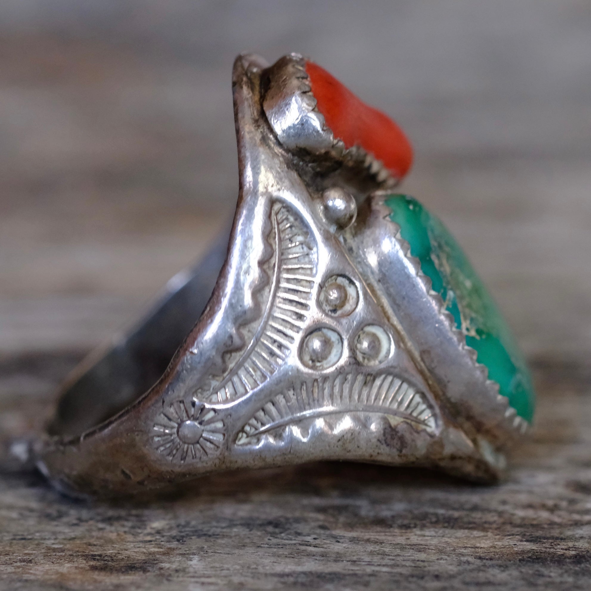 Vintage Sterling Turquoise and Coral Stamped Band Ring 11