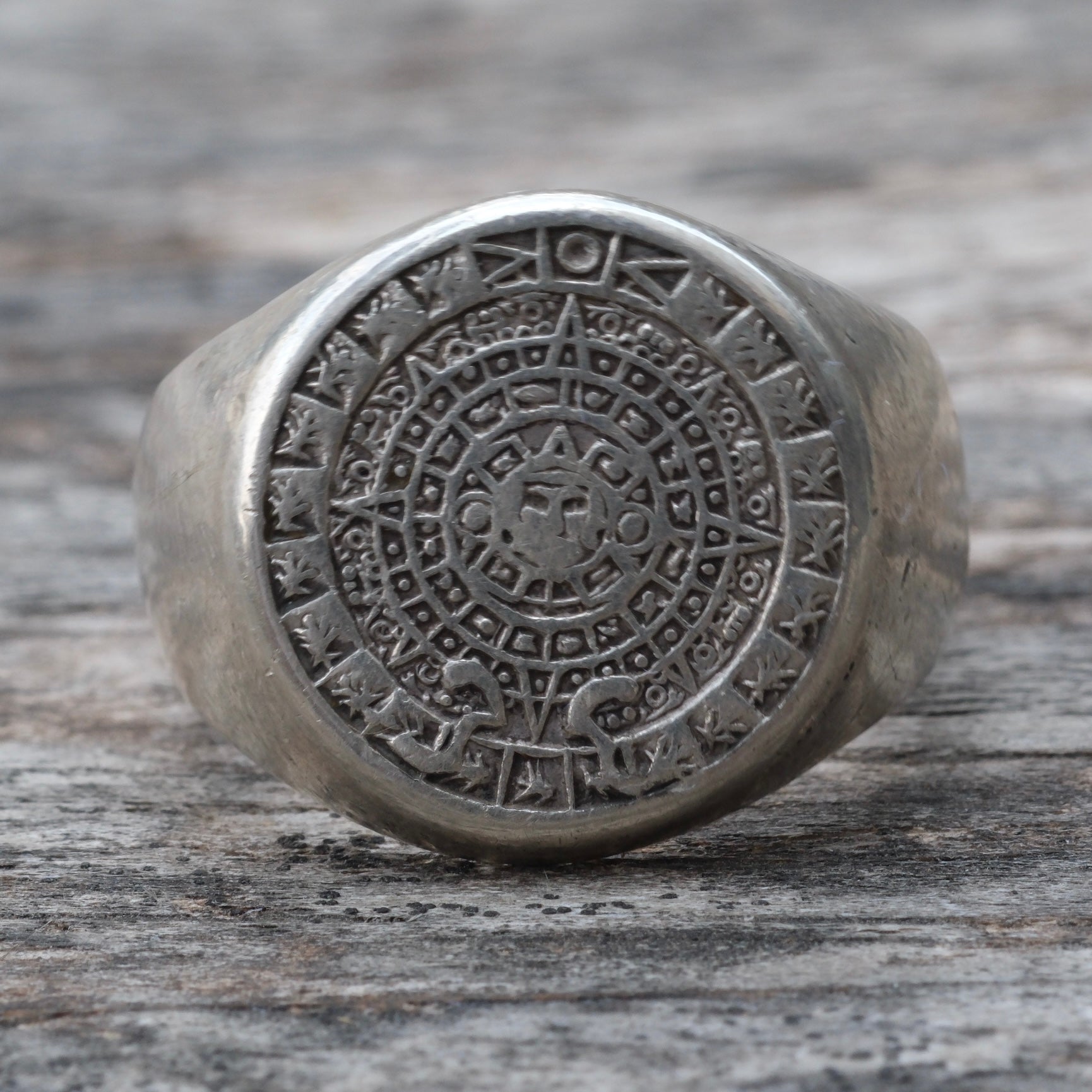 Vintage Sterling Aztec Calendar Ring 9.75