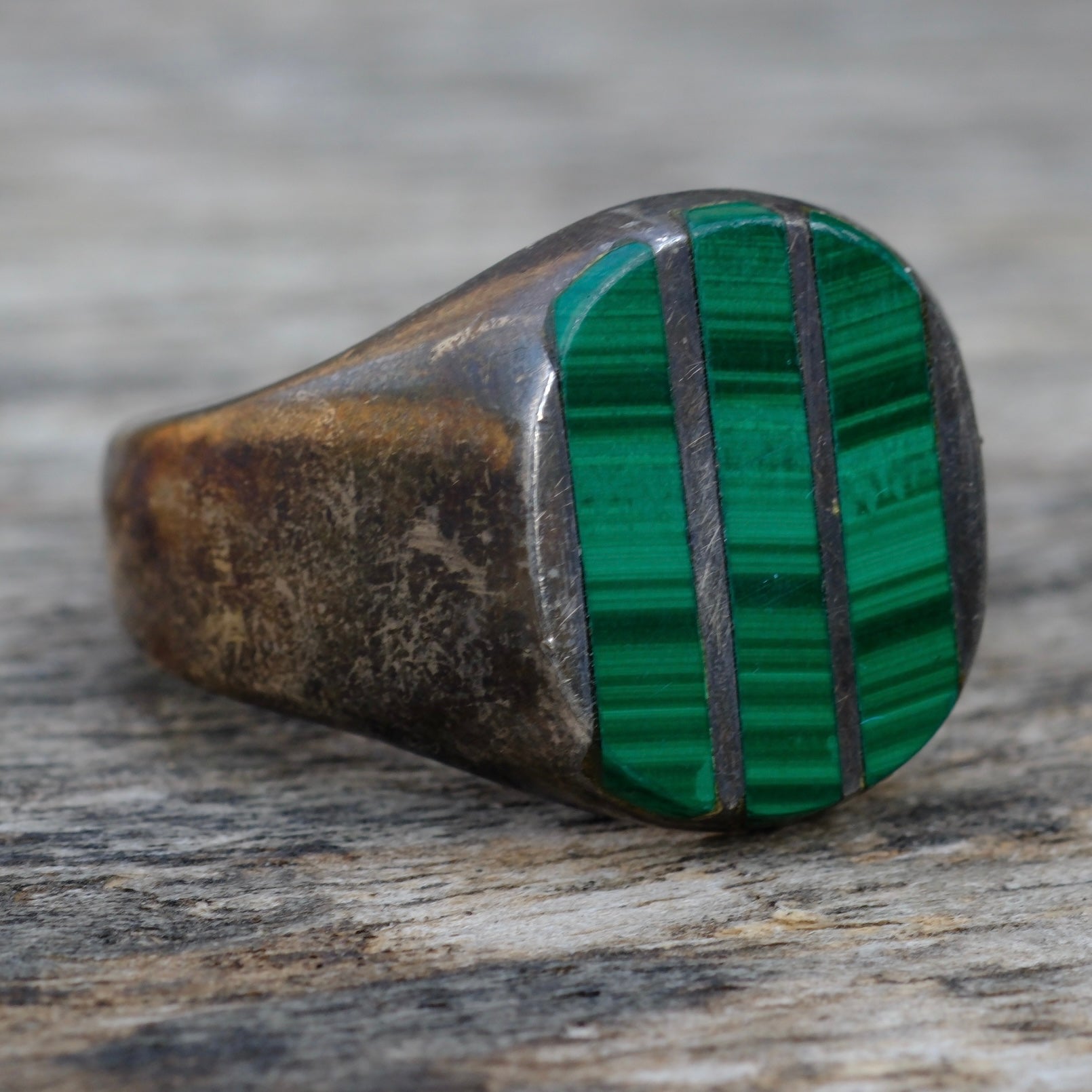 Vintage Sterling Malachite Inlay Striper Ring 13.25