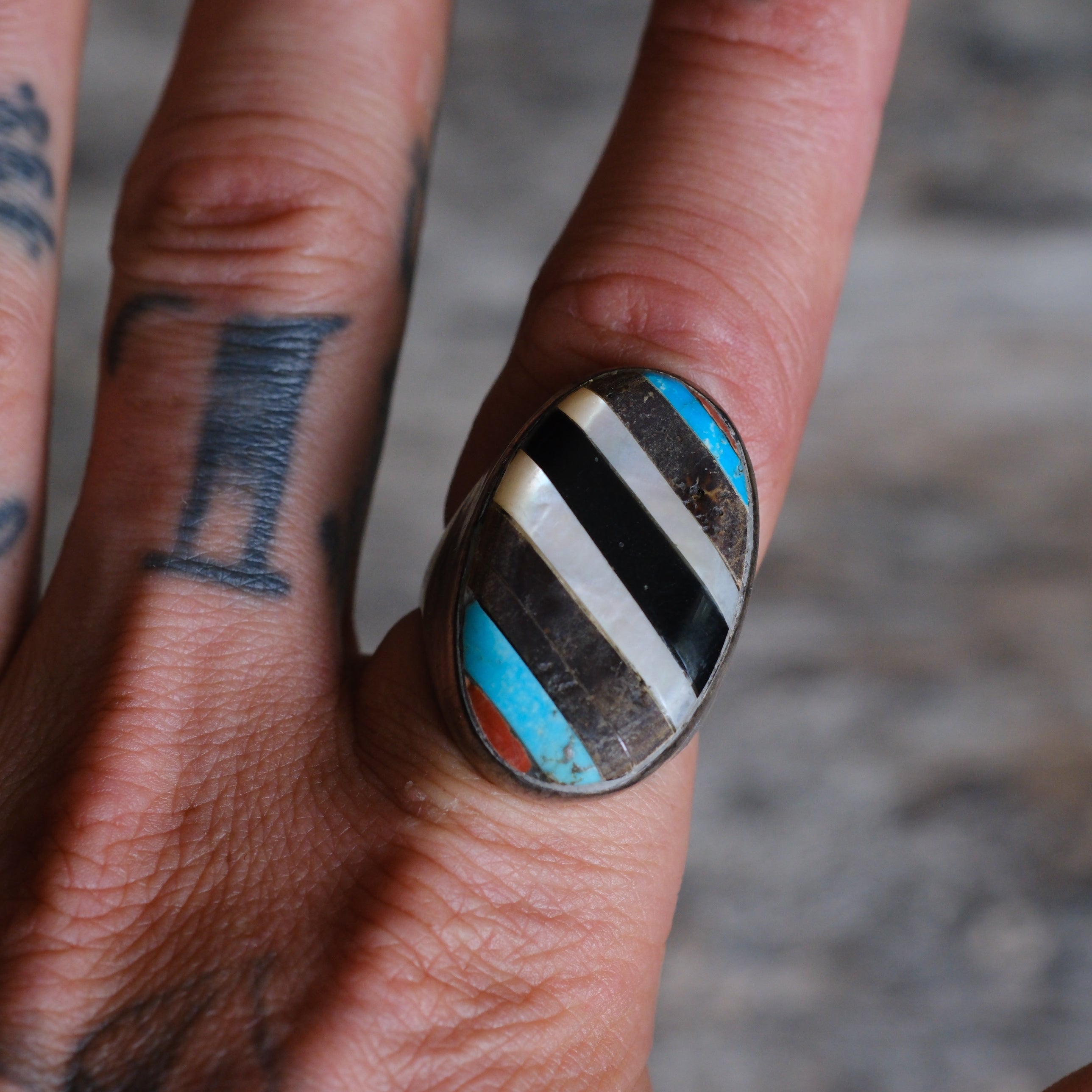Vintage Sterling Multistone Inlay Ring 9.75