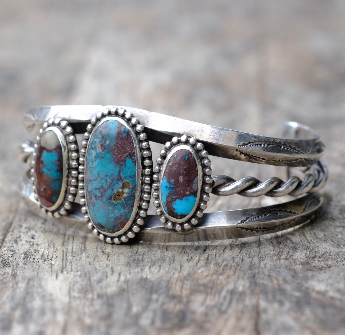 Vintage Sterling 3-Stone Bisbee Turquoise Cuff