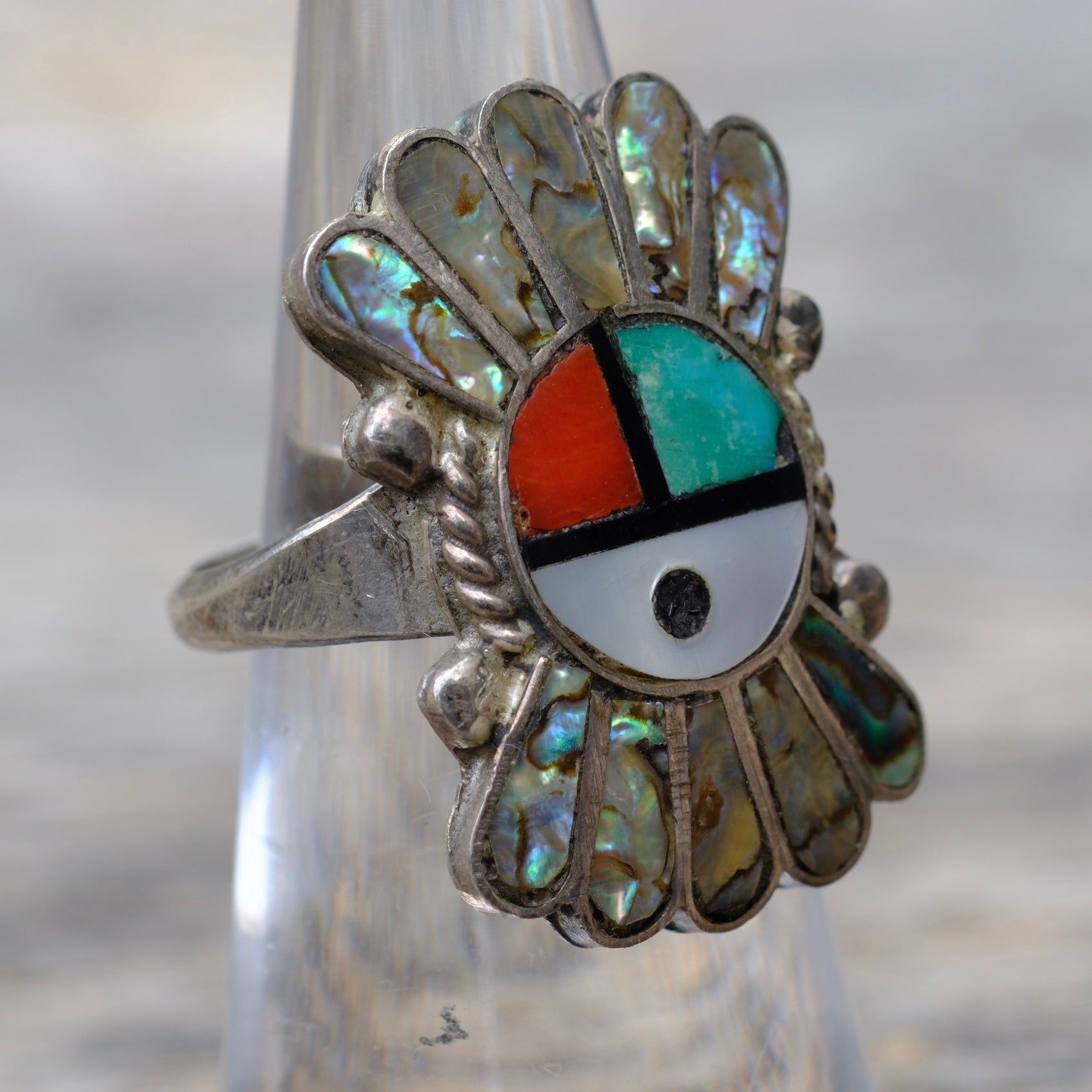 Vintage Sterling Multistone Inlay Zuni Surface Ring 4.75