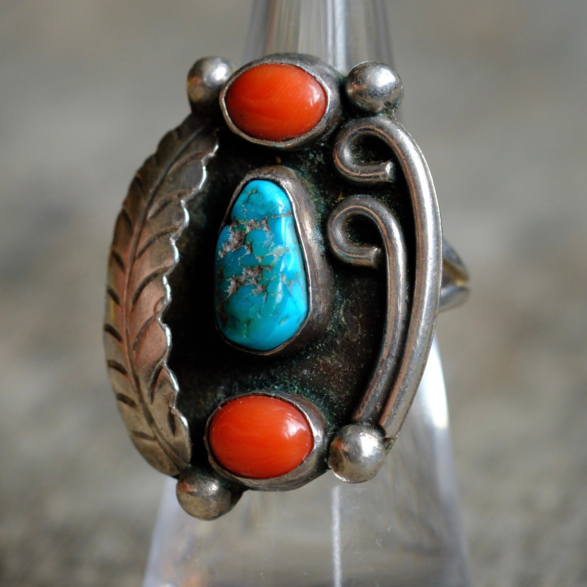 Vintage Sterling Turquoise and Coral Feather Ring 6