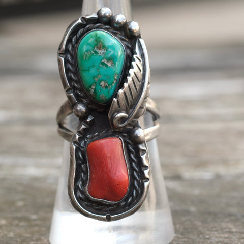 Vintage Sterling Turquoise and Coral Feather Ring 8