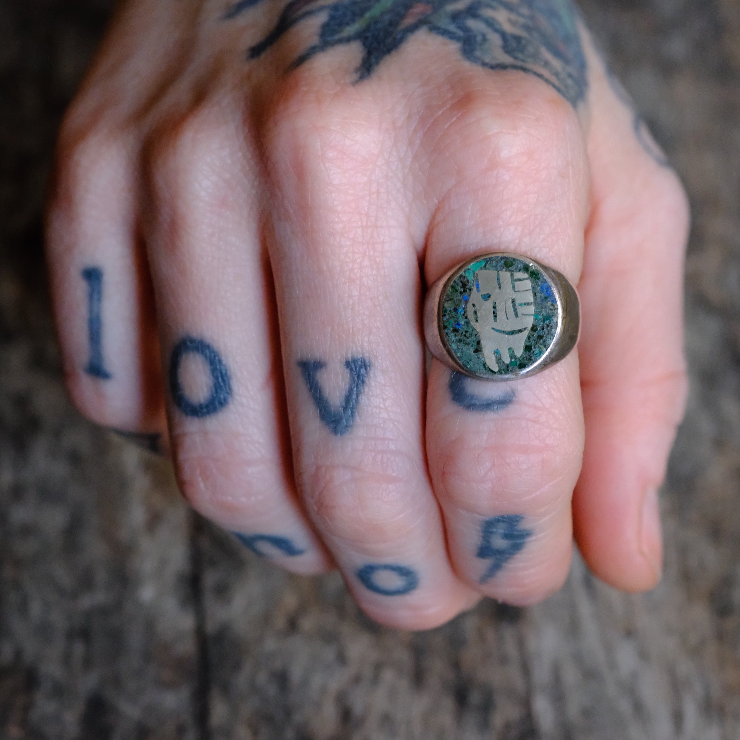 Vintage Sterling Turquoise Inlay Taxco Ring 8.25