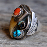 Vintage Sterling Turquoise and Coral Claw Ring 11.75