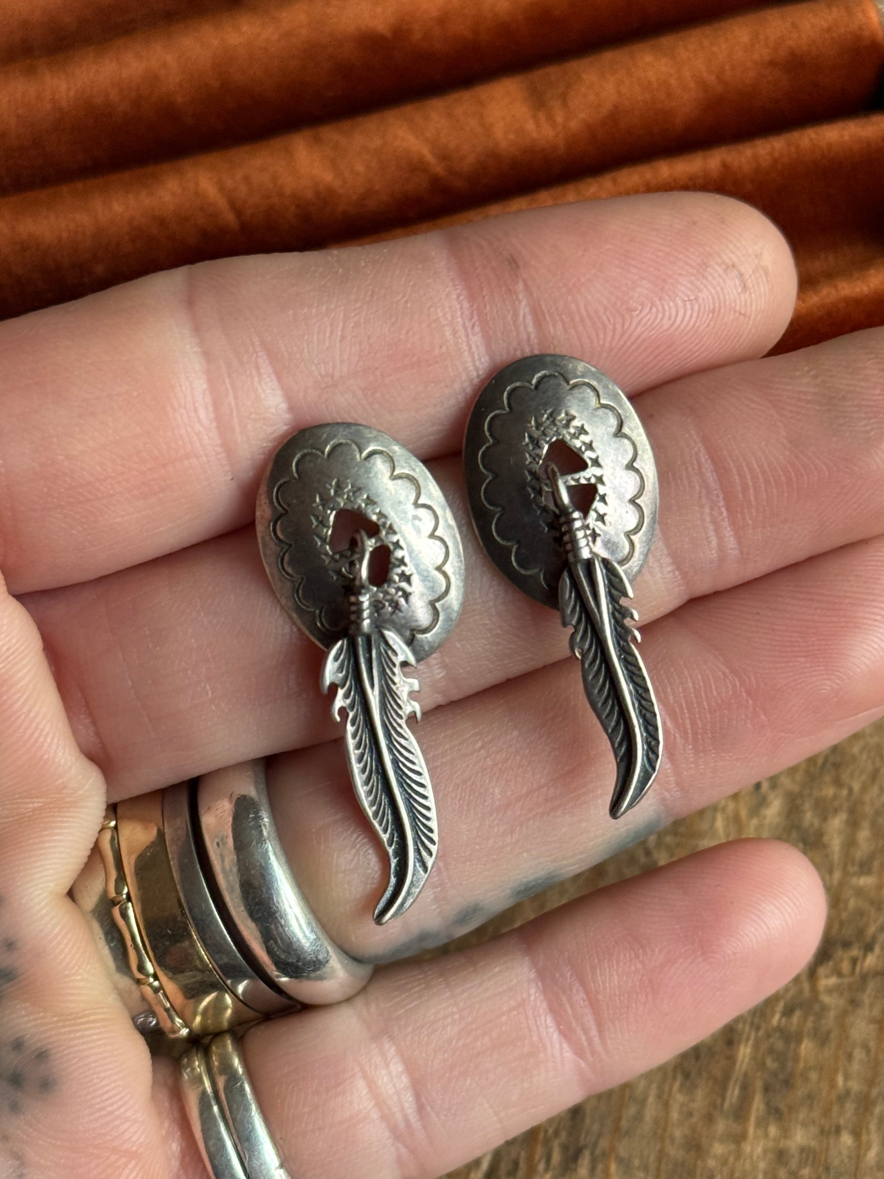 Vintage Sterling Silver Feather Concho Earrings