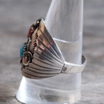 Vintage Sterling Turquoise and Coral Feather Ring 10.25