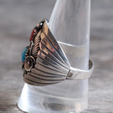Vintage Sterling Turquoise and Coral Feather Ring 10.25