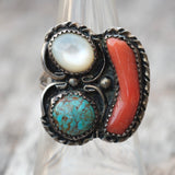 Vintage Sterling Turquoise Coral and MOP Ring 7