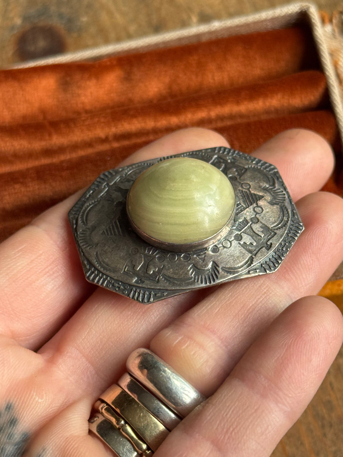 Vintage Sterling Silver Jasper Stamped Thunderbird Pin