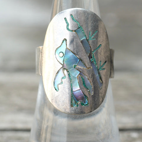 Vintage Sterling Abalone Inlay Bird Ring 7