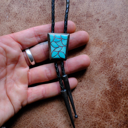 Vintage Sterling Turquoise Inlay Fish Scale Bolo Tie
