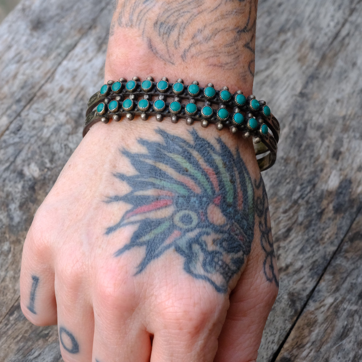 Vintage Sterling Snake Eye Turquoise Double Row Stamped Cuff Bracelet